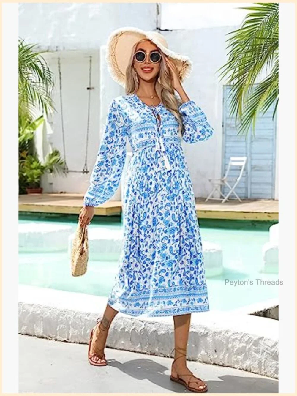 Long Sleeve Floral Print Retro V Neck Tassel Casual Bohemian Midi Dress